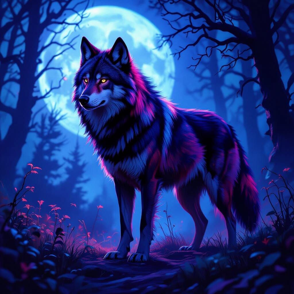 Majestic Wolf in Surreal Bioluminescent Forest