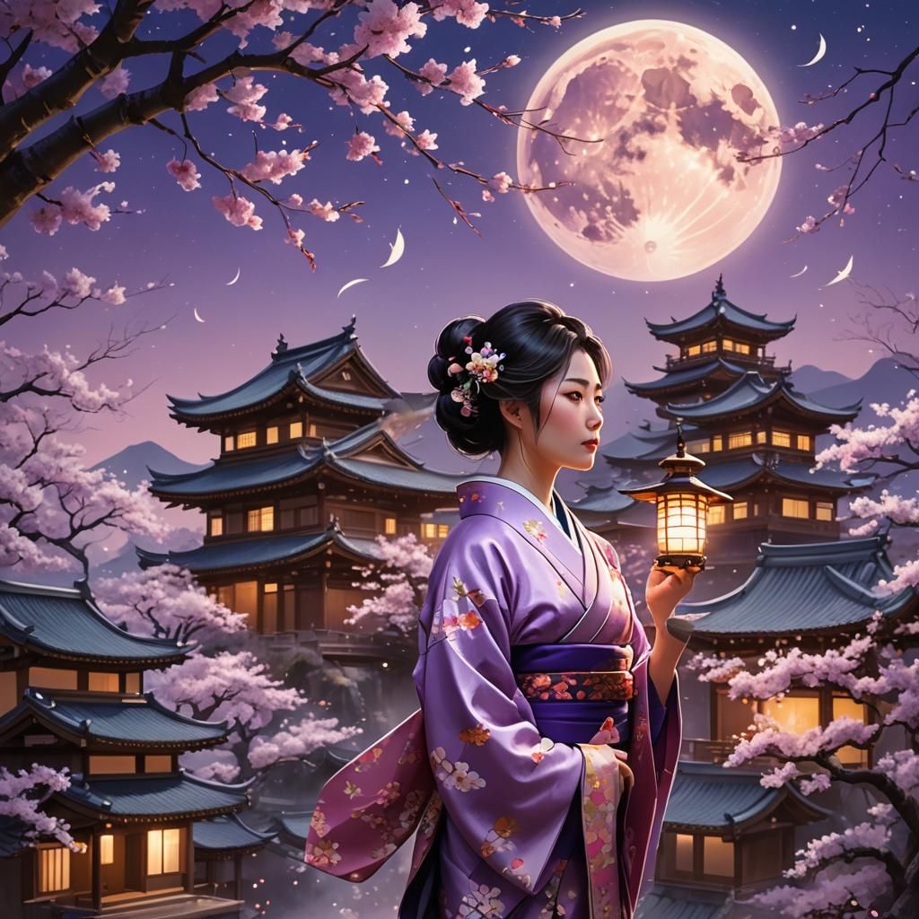 Japanese Woman in Kimono Under Moonlight