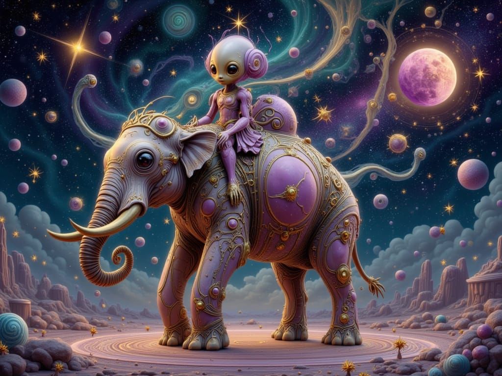 Alien Cyborg Elephant in Fractal Galaxy