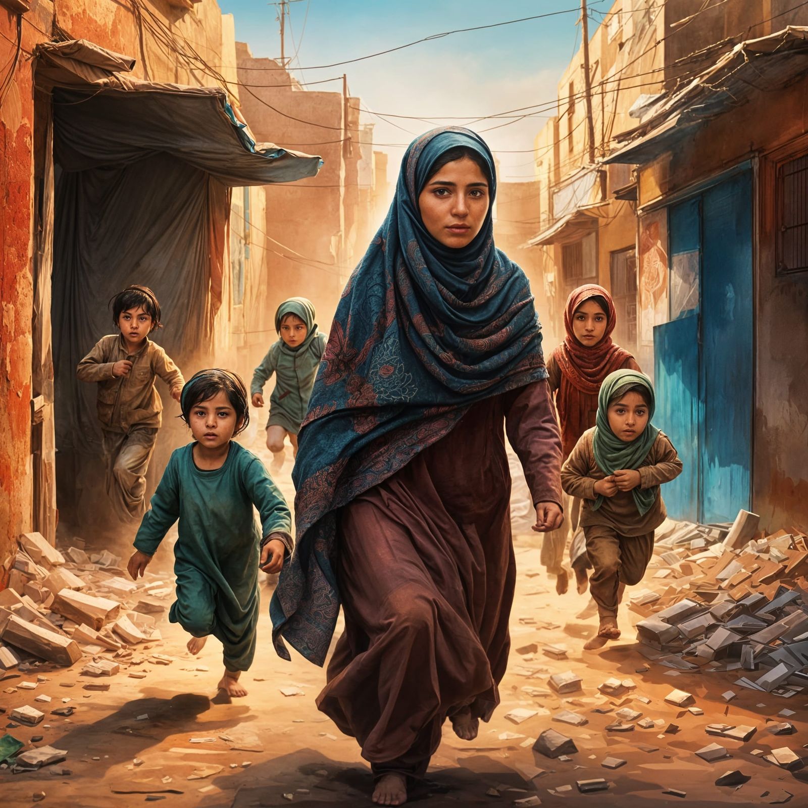 Sad Afghan Woman with Children: Hyperrealistic Portrait