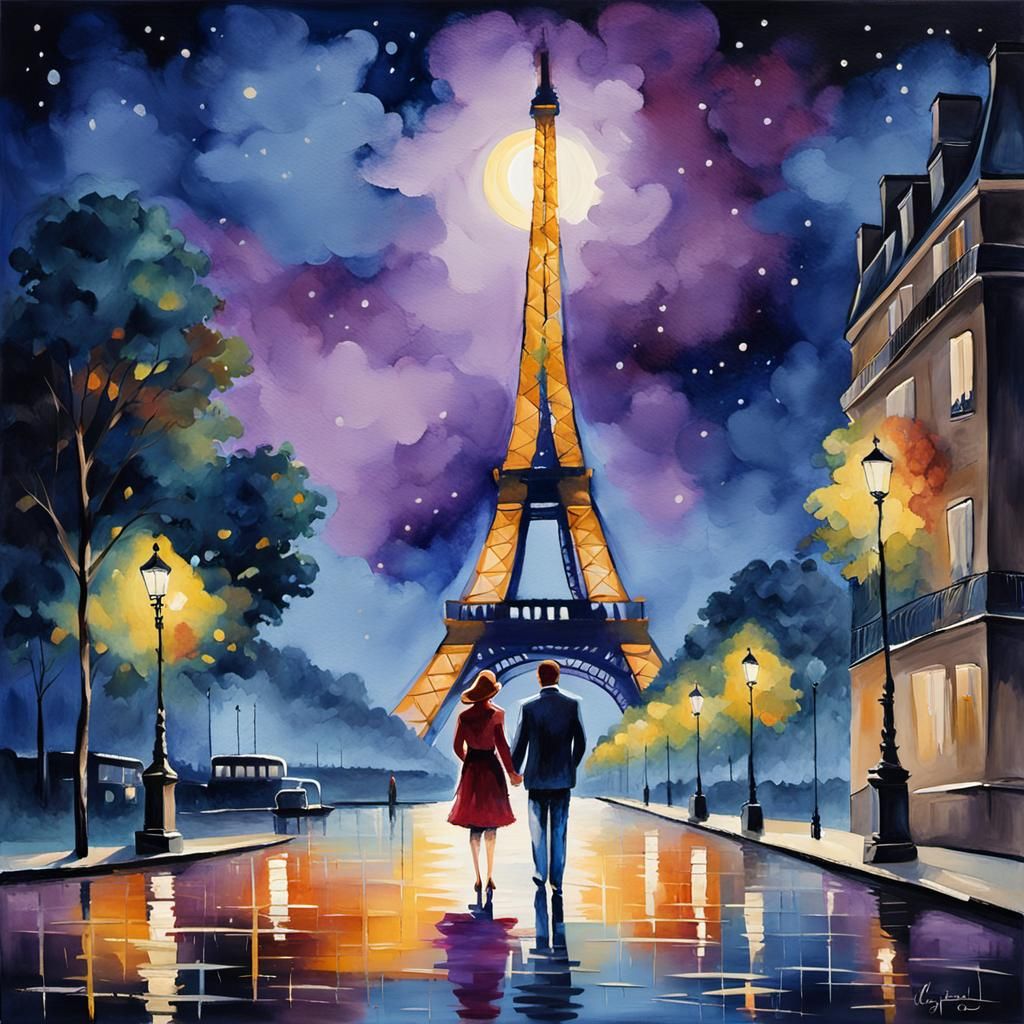 Eiffel Tower Gouache Painting in Van Gogh Style