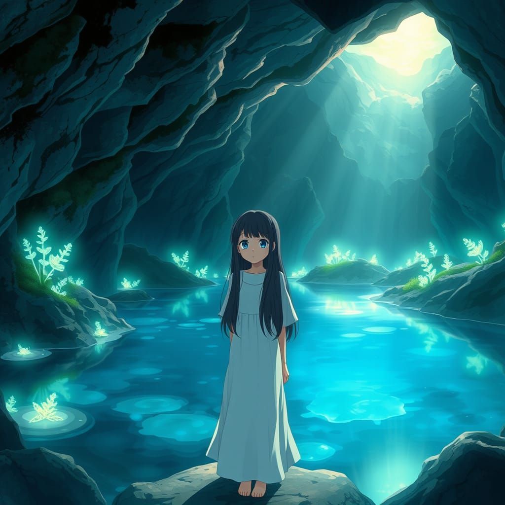 Anime Girl at Mystical Cave Lake