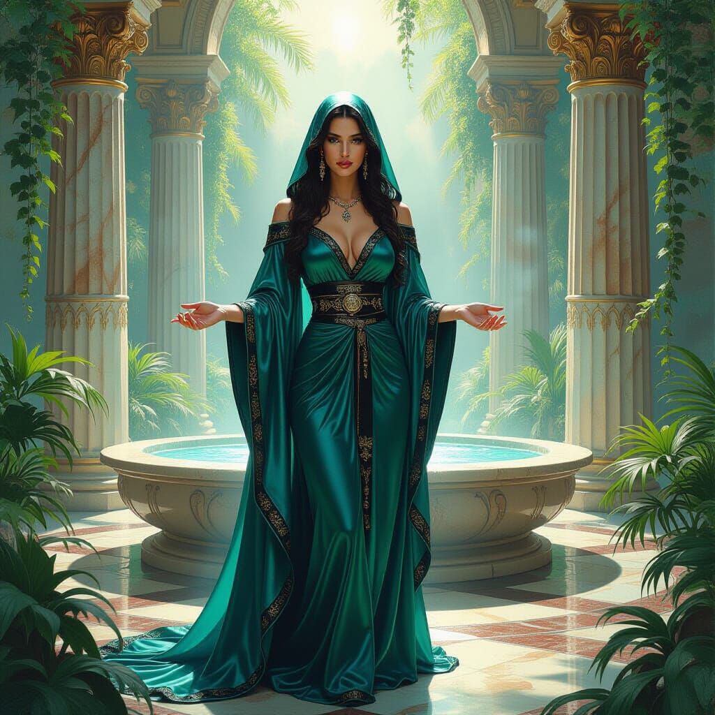 Priestess in Temple, Fantasy Oil Painting