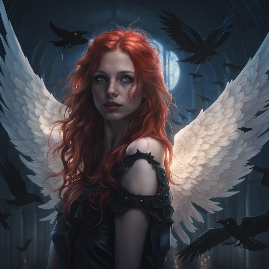 Moonlit Chapel Angel with Ravens: Dark Fantasy Art