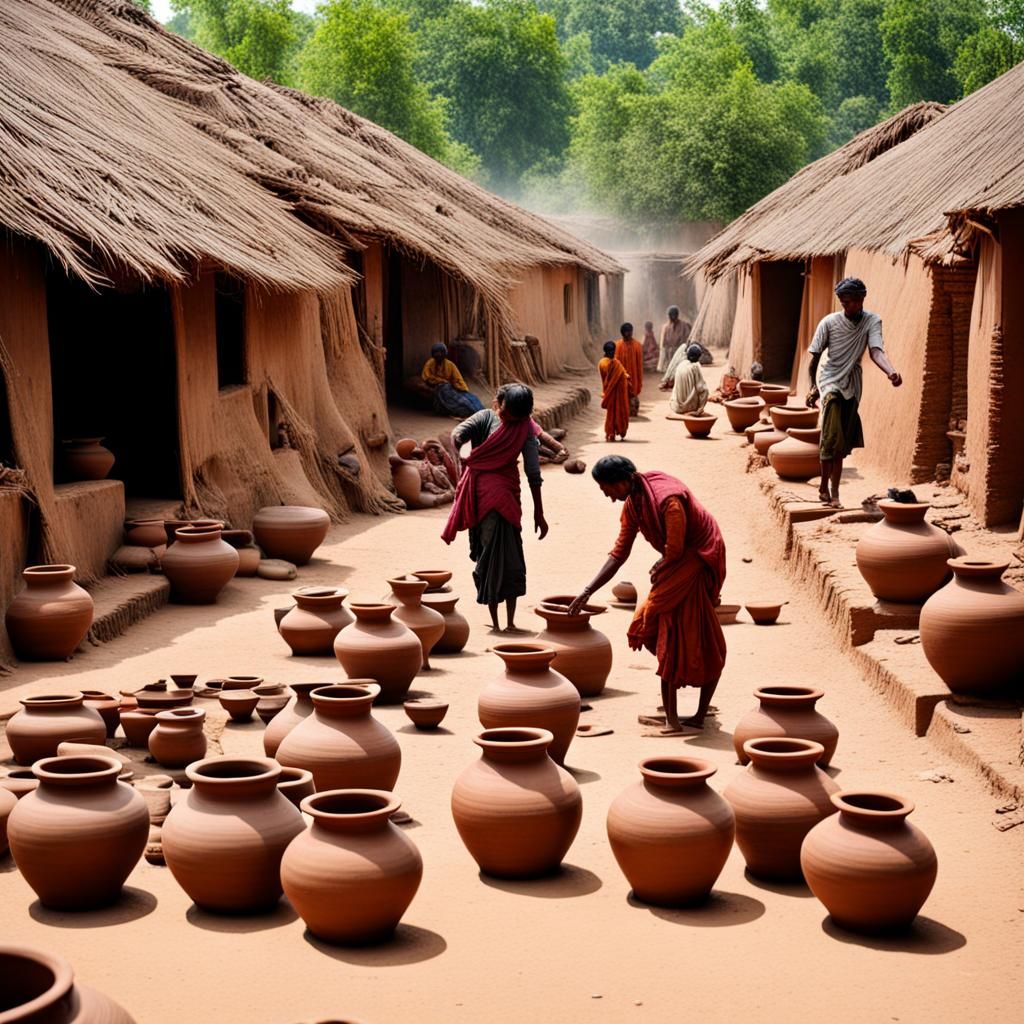 Indian Village Scene with Pottery Making