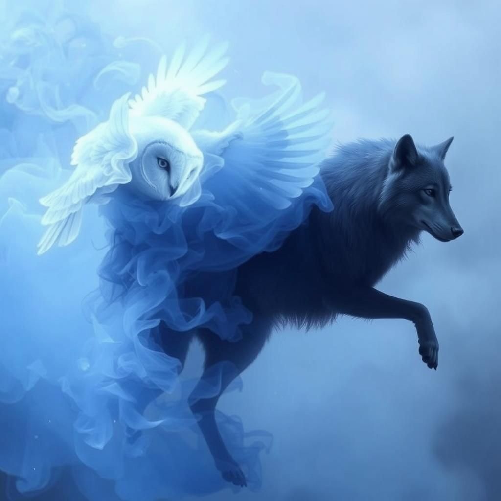 Ethereal Blue Smoke Wolf and Owl in Flight