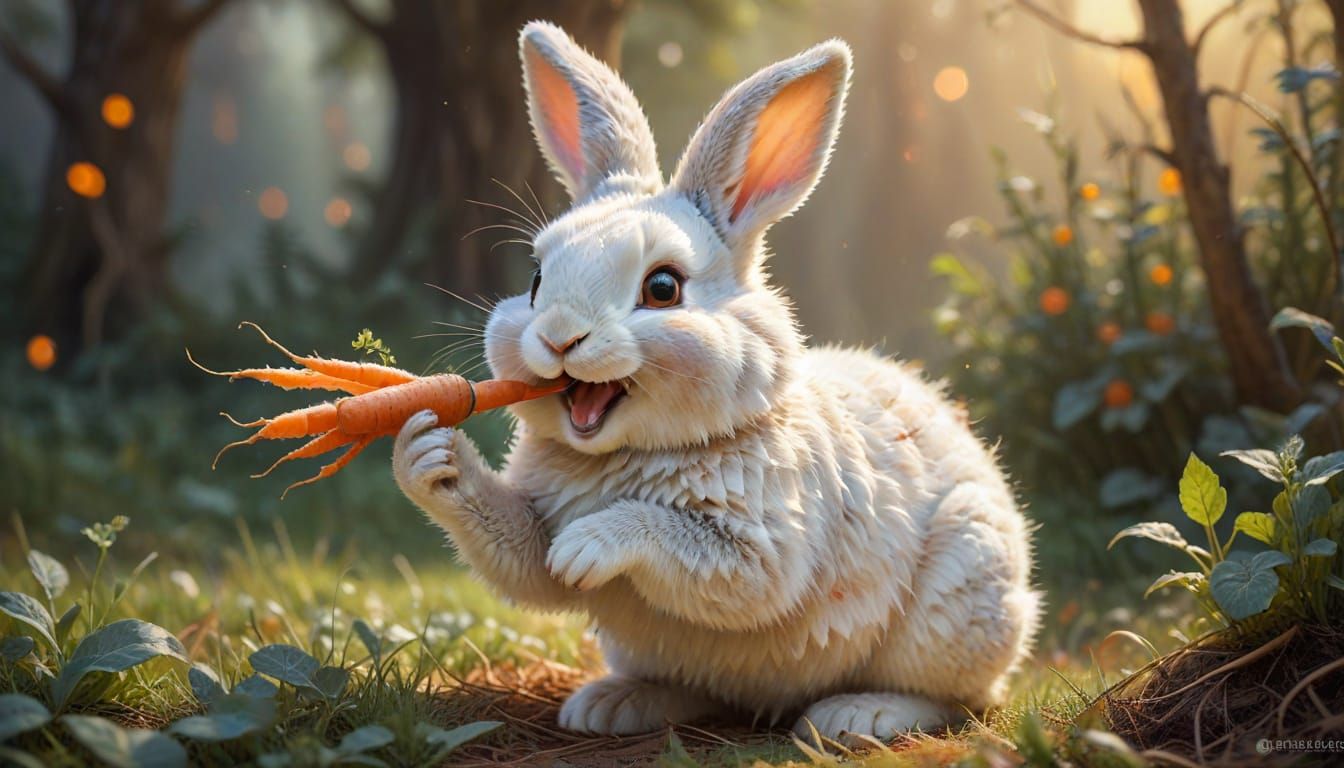Laughing Bunny Rabbit with Carrot in Watercolor Style