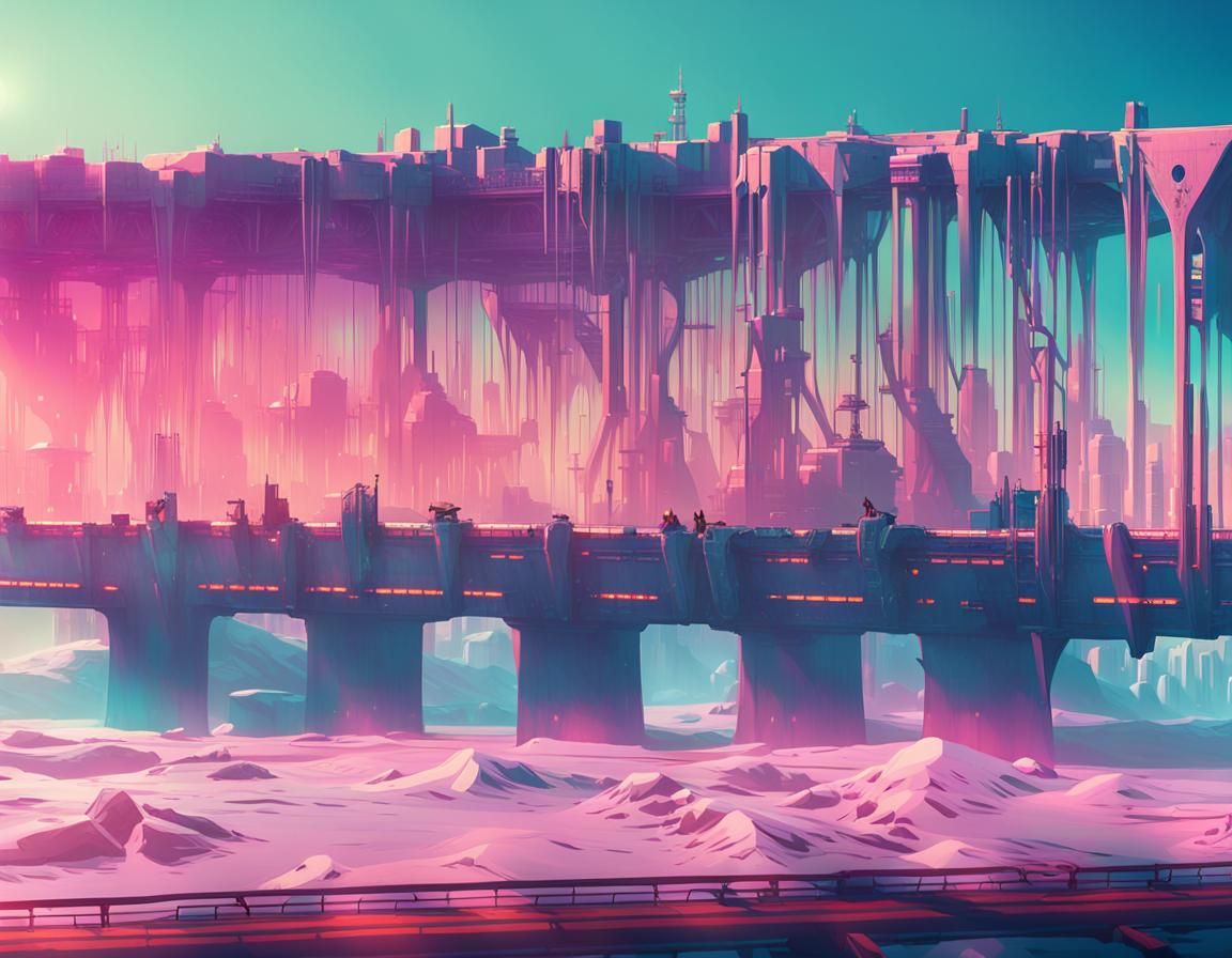Cyberpunk Train Bridge over Frozen World