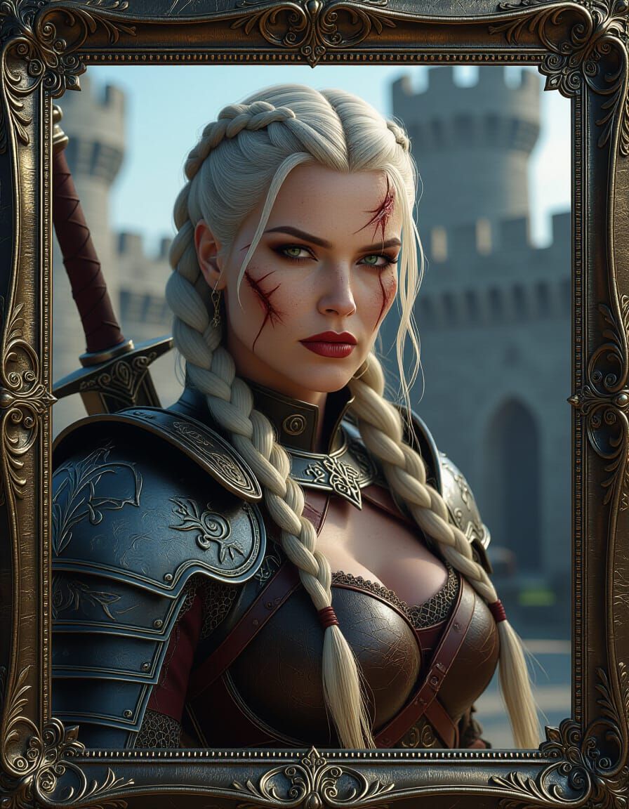 Scarred Female Warrior with Sword in Dark Fantasy Style