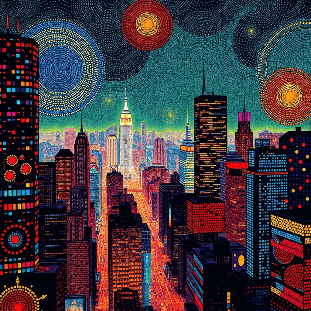Vibrant Cityscape in Aboriginal Dot Art Style