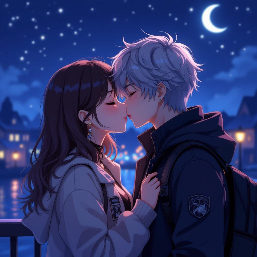 Anime Style Kissing Scene at Night