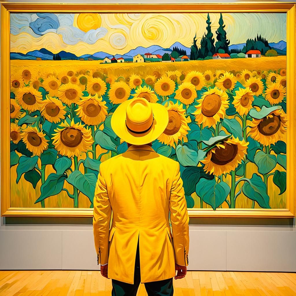 Van Gogh Figure Gazing at Sunflower Field Painting