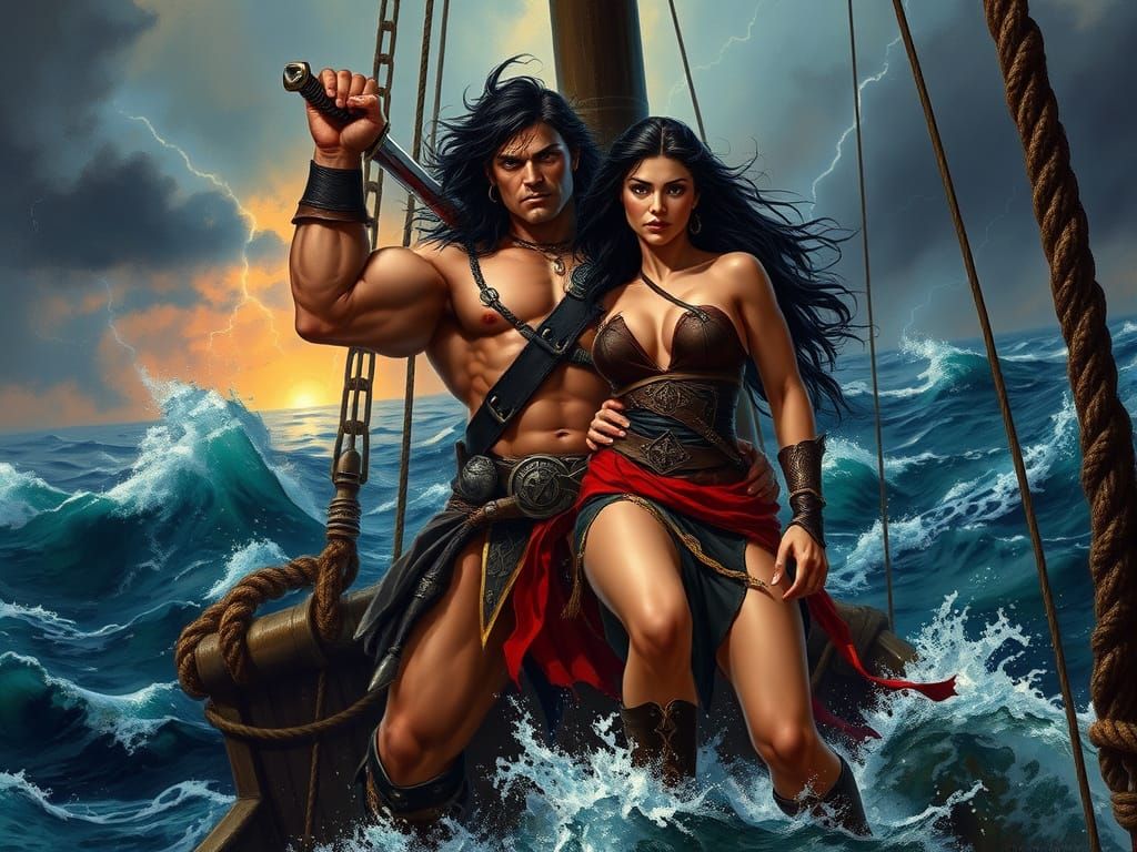 Conan the Barbarian Stands Tall on Pirate Ship, Sword in Han...