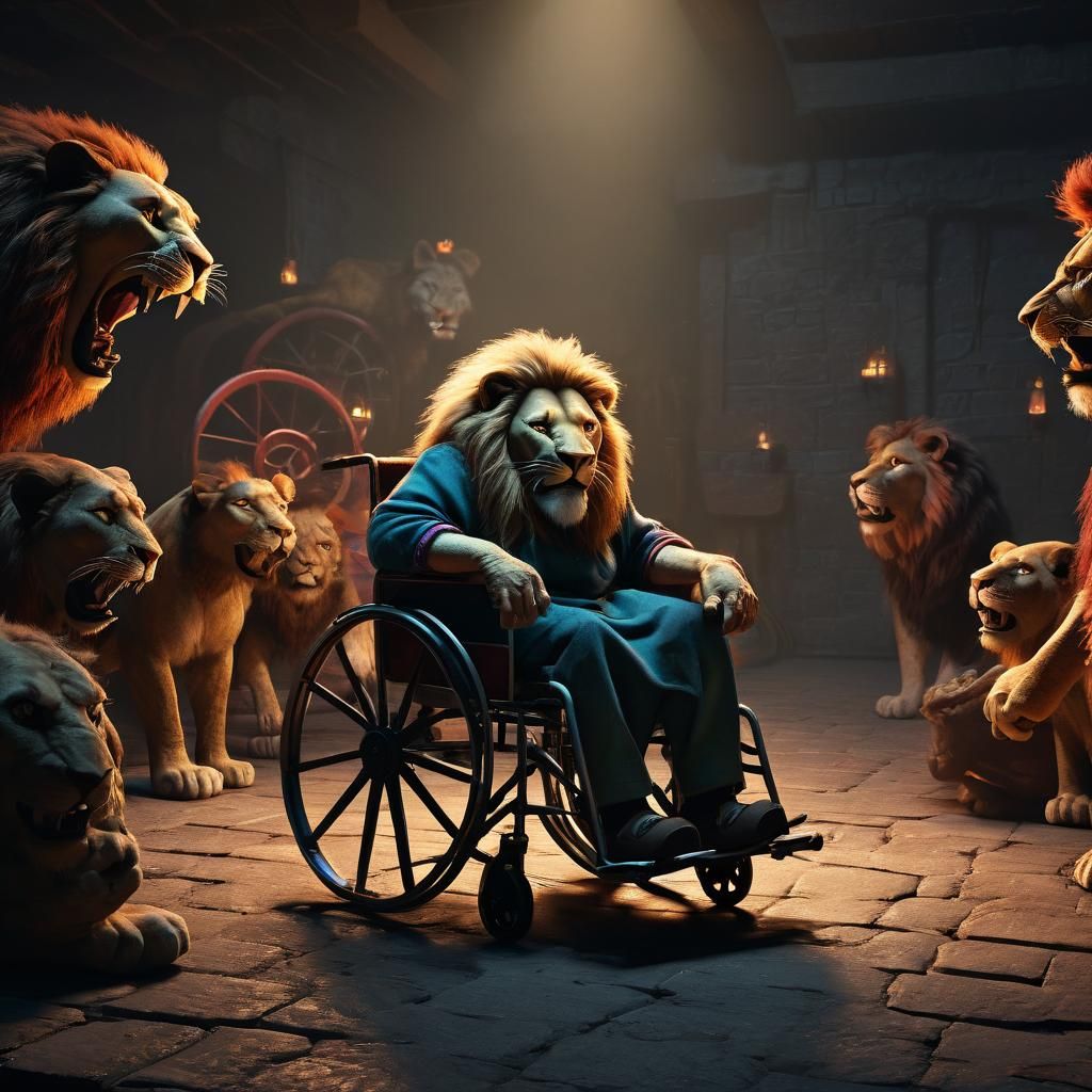 Elderly Lion Tamer in Basement: 3D Digital Art