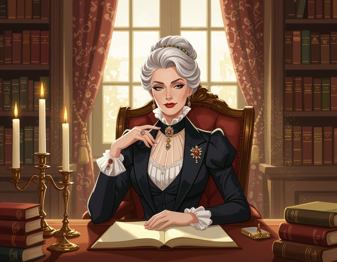 Elegant Aunt in Lavish Study, Digital Art