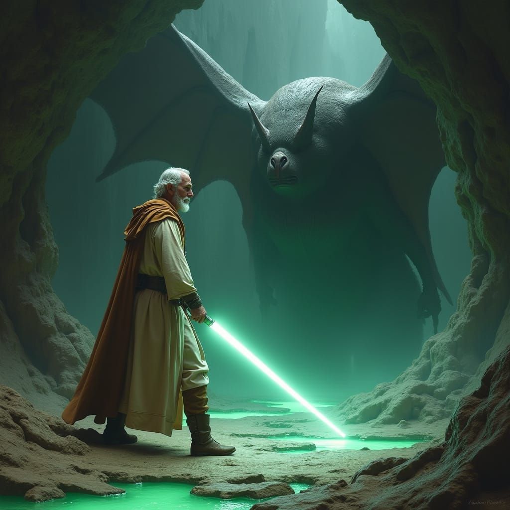 Radiant Lightsaber Duel in Dimly Lit Cavern