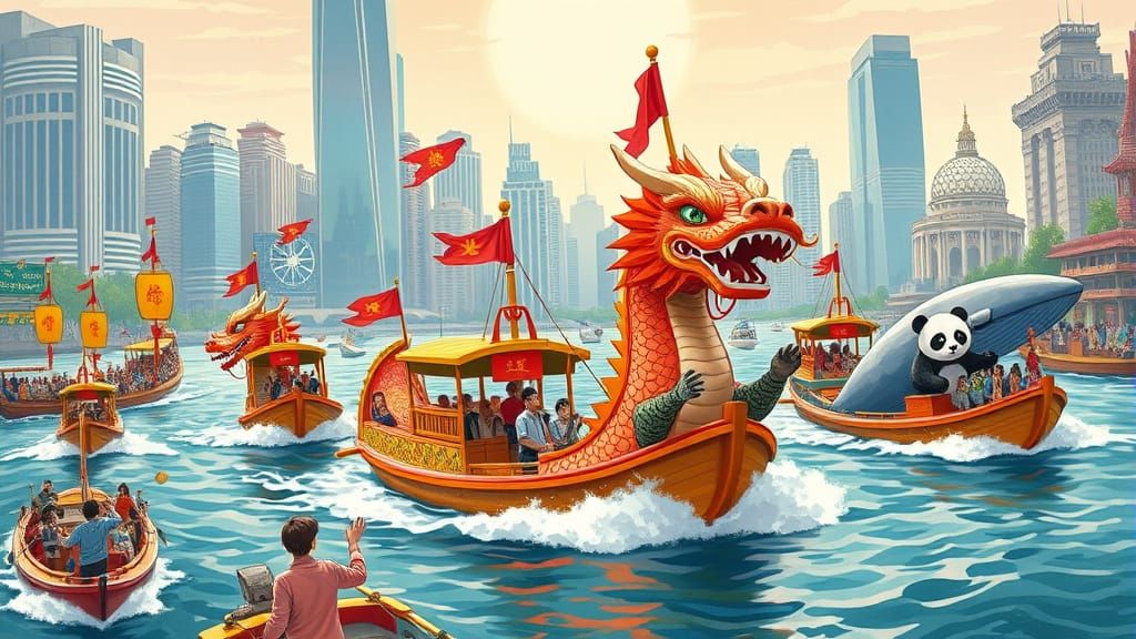 Lively Waterfront Celebration with Dragon Boats in Gurney St...