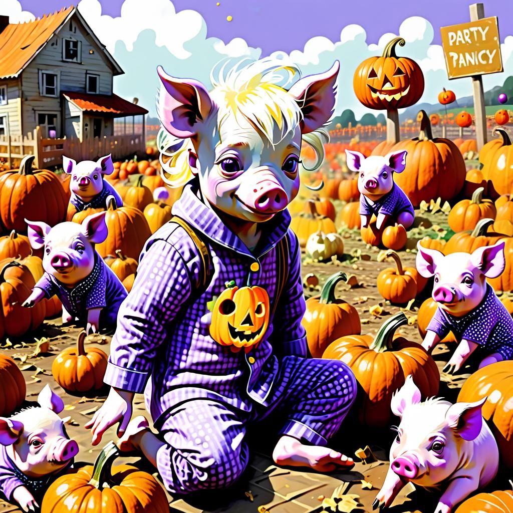 Steampunk Pajama Pigs in Picasso-esque Pumpkin Patch