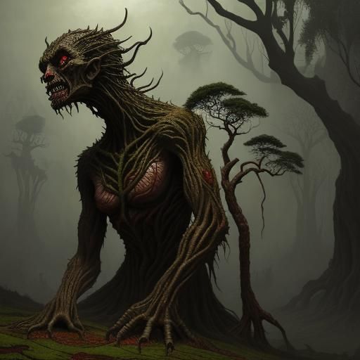 Beksinski-esque Tree Creature Reads Tea Leaves