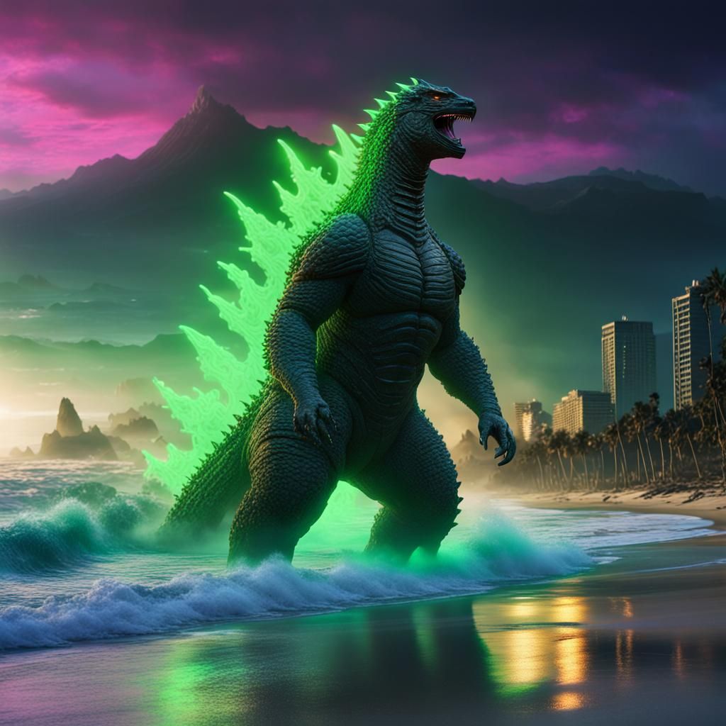 Godzilla with Glowing Dorsal Plates, Synthwave Art