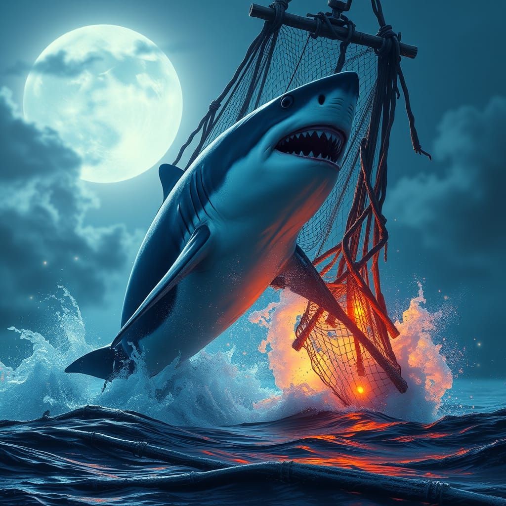 Shark Shatters Ancient Fishing Net in Moonlit Ocean