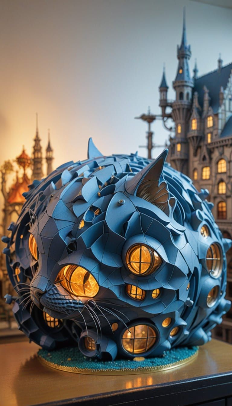 Surreal Architectural Vision of a Cat in Golden Fire