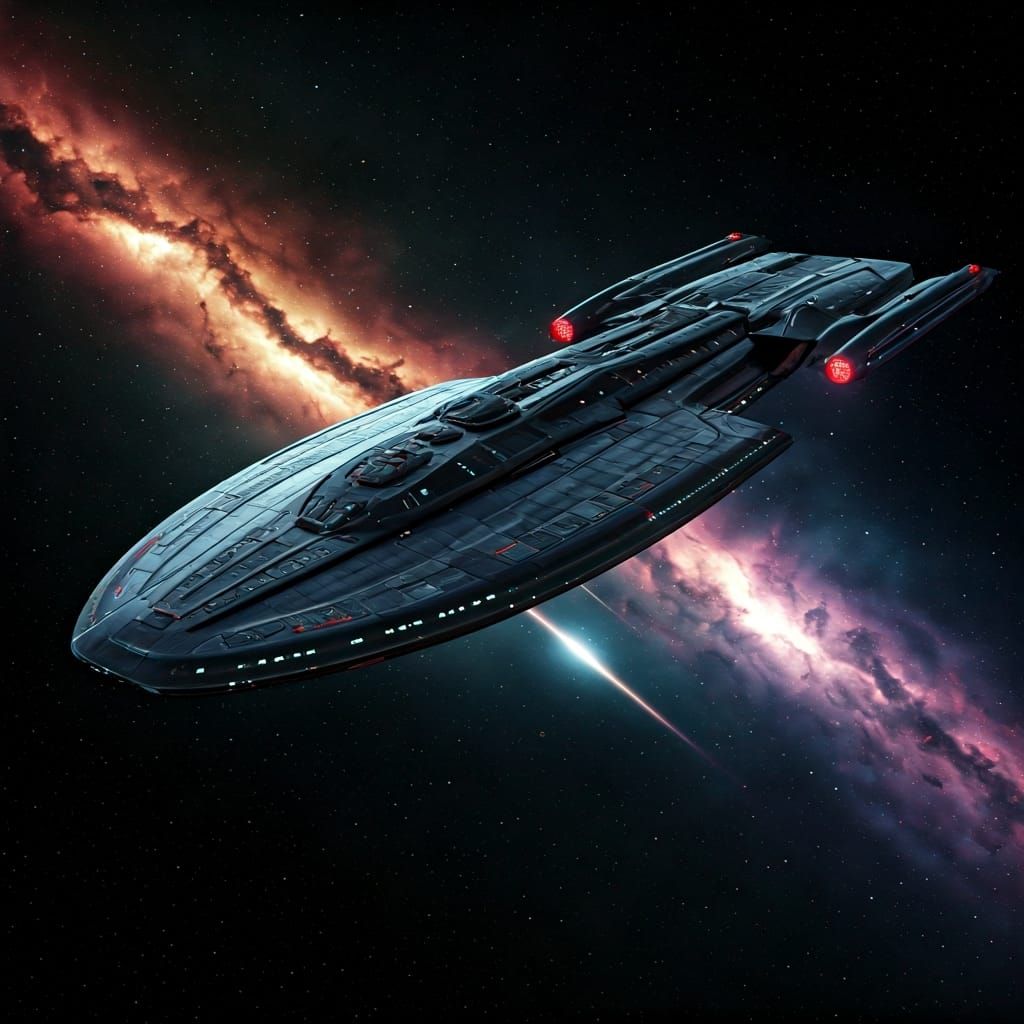 Futuristic Starship Soaring Through Nebula in Cyberpunk Styl...