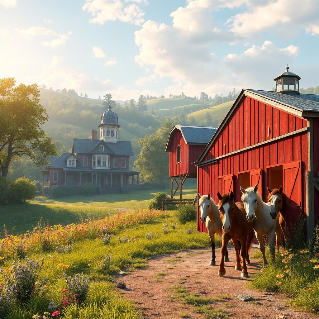 Victorian Mansion with Pinto Ponies in Anime Style