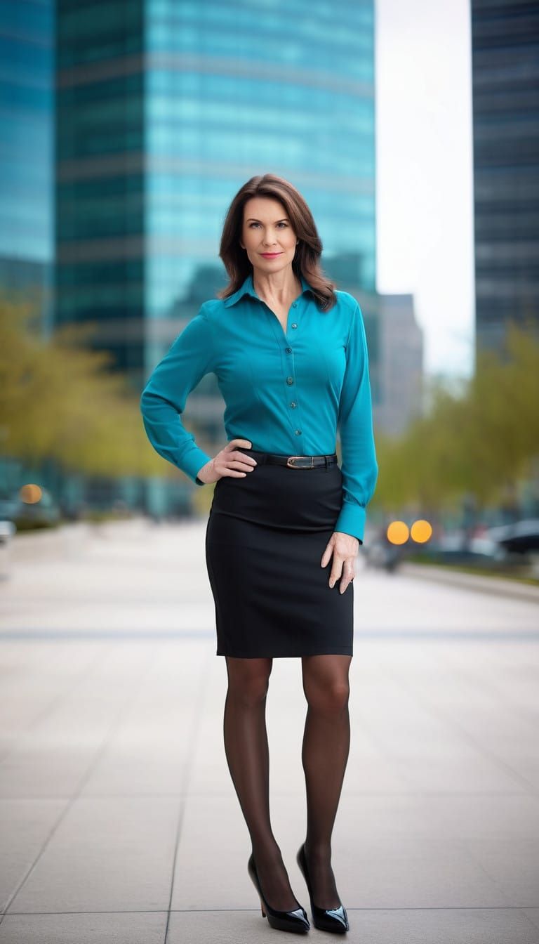 Elegant Businesswoman Standing Before Modern Skyscraper