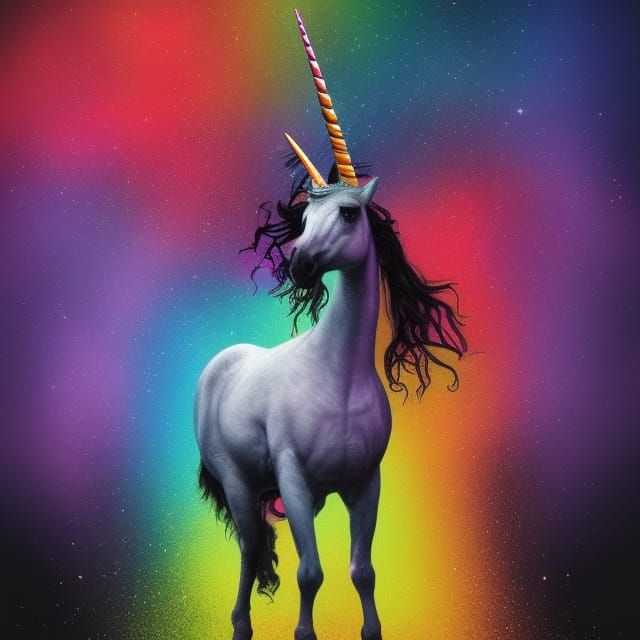 a unicorn with a horn dripping blood standing in front of a black rainbow deep color fantasy dystopian blurry hyperdetai...