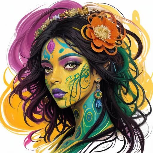 Abstract Woman with Peacock Feathers in Fauvist Style