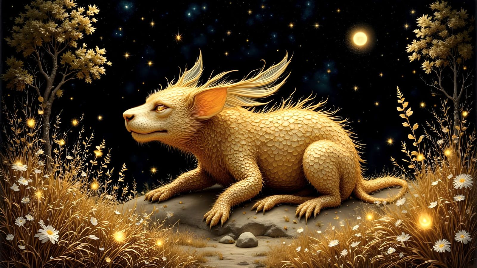 Kinetic Golden Woodgrain Creature in Starry Night