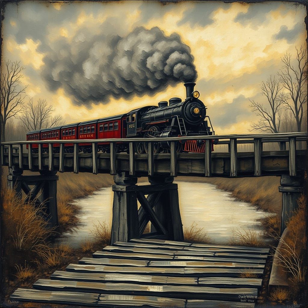Steam Train Crossing Bridge in Encaustic Mixed Media Style