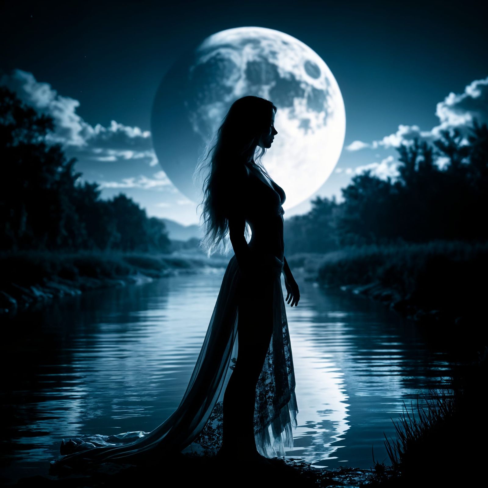 Moonlit Silhouette of Woman by River