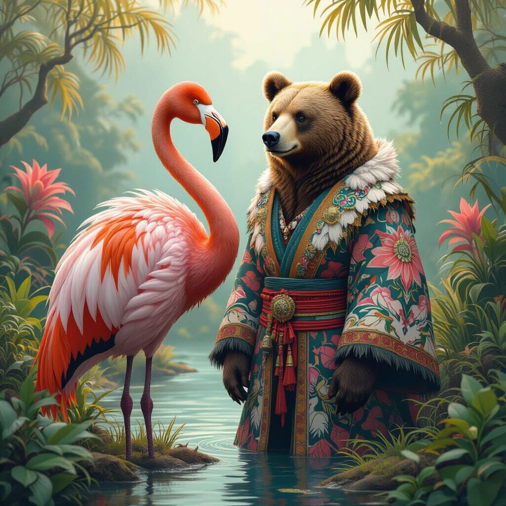 Mystical Hybrid Creature: Flamingo-Bear in Lush Landscape