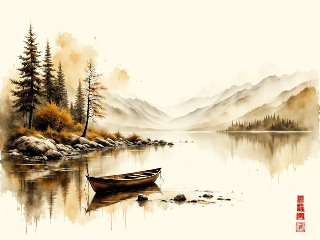 Vintage Ink Drawing of Sailboat on Misty Lake