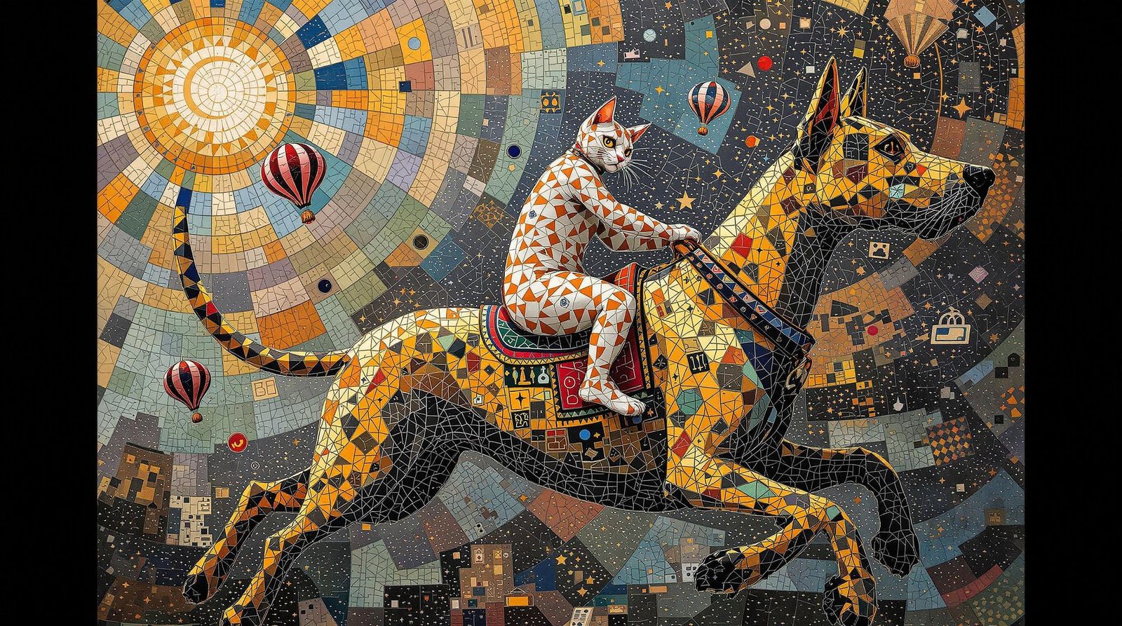 Surrealistic Mosaic of Feline and Canine Friendship