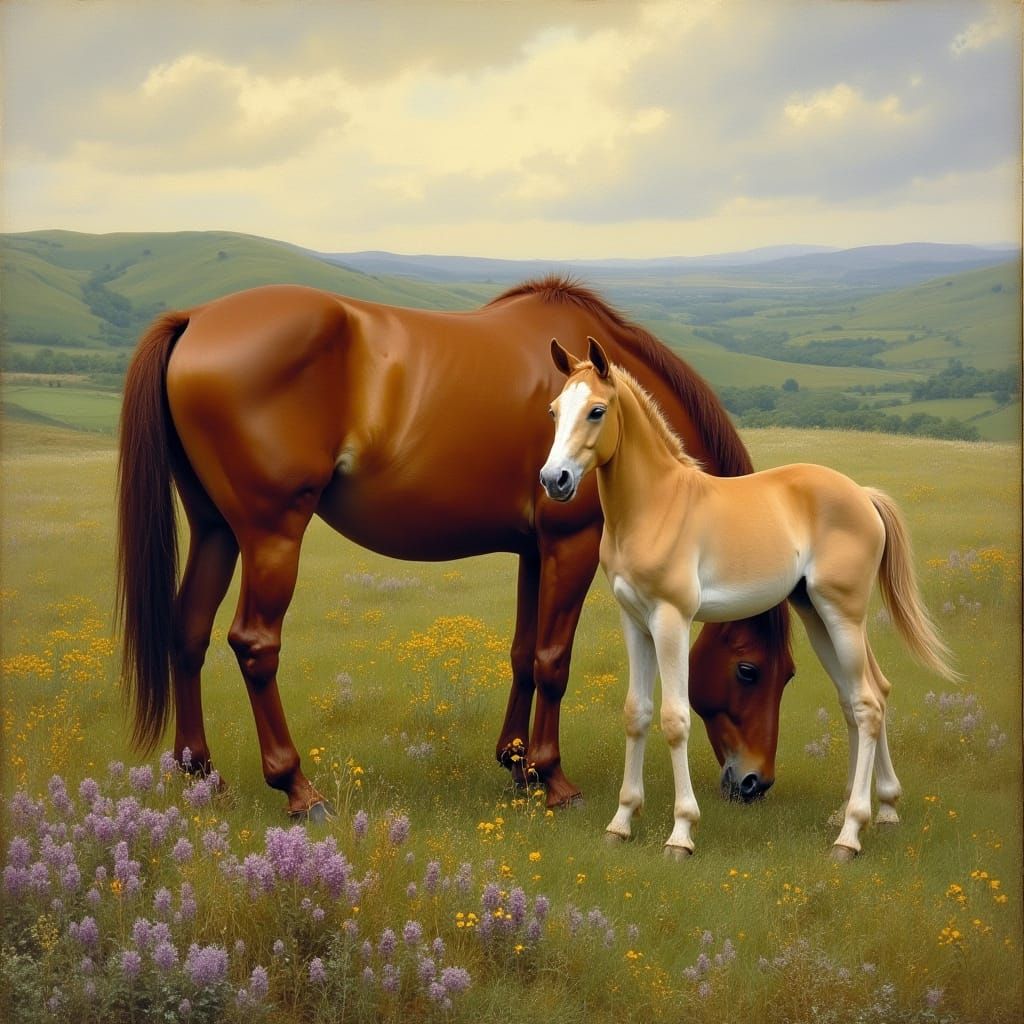 Mare and Foal in Wildflower Meadow: Pre-Raphaelite Style