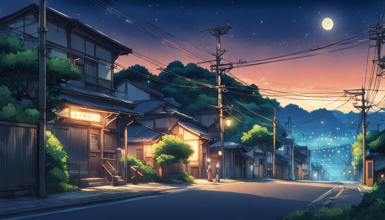 Peaceful Starry Night in Japan: Ghibli-esque Anime