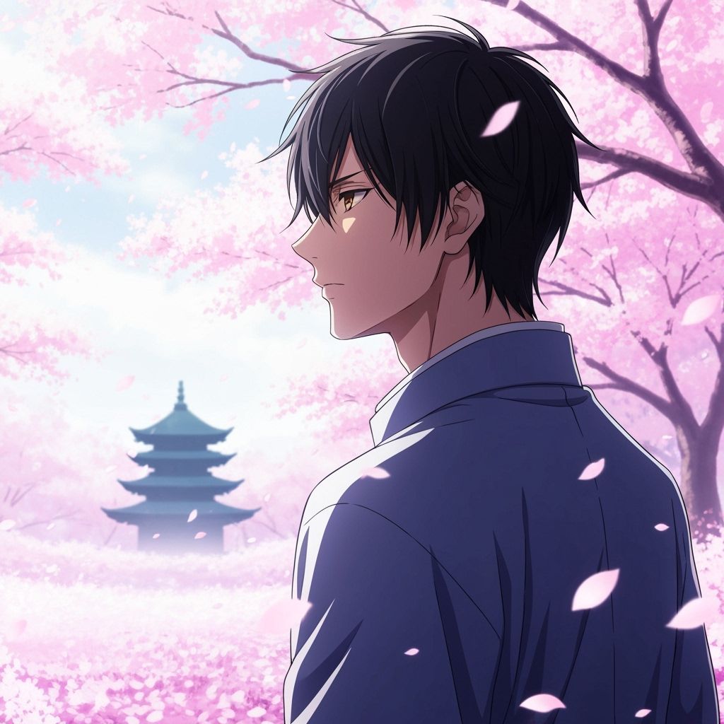 Anime Man Gazing at Ethereal Temple in Cherry Blossom Field