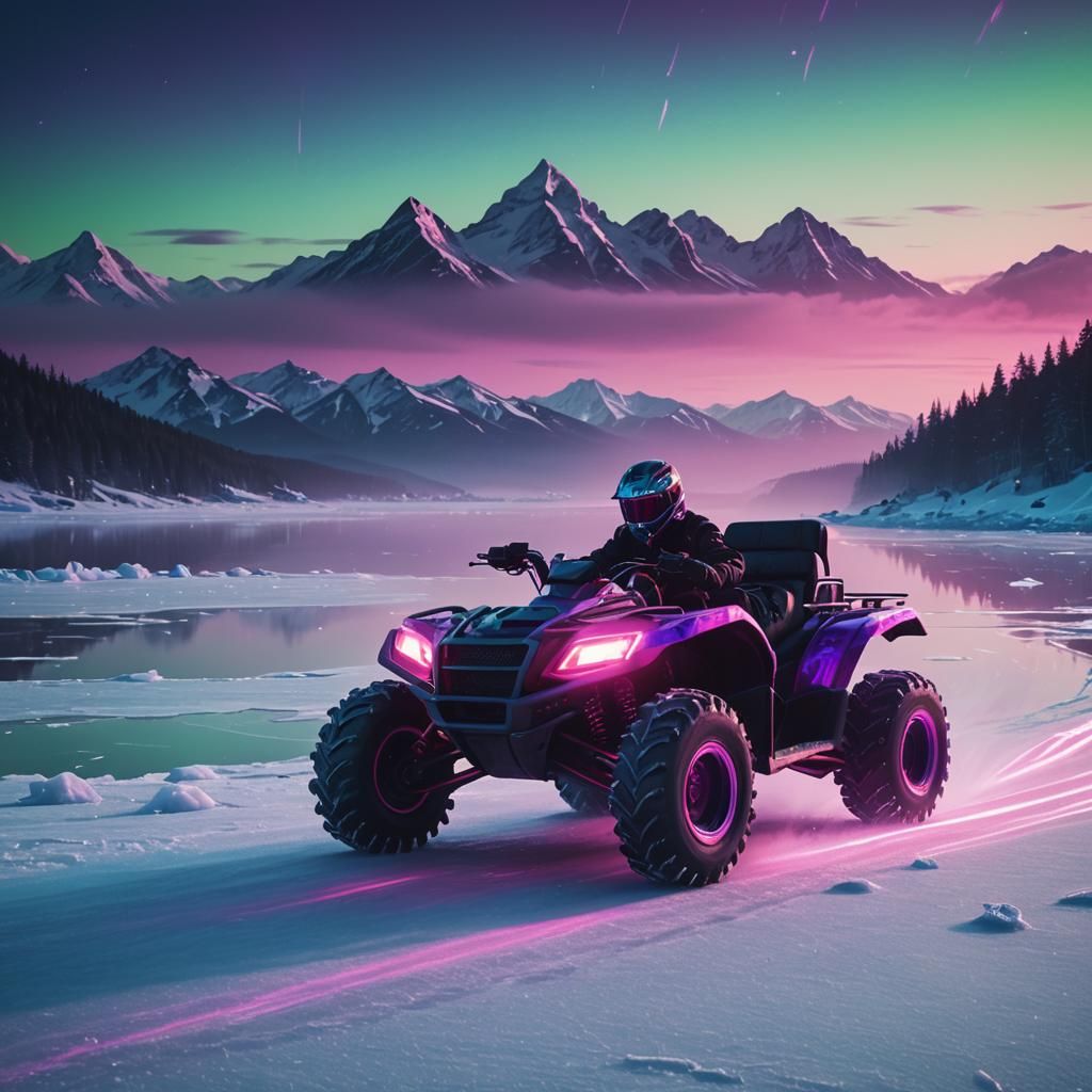 Neon Synthwave Four-Wheeler Races Across Frozen Lake