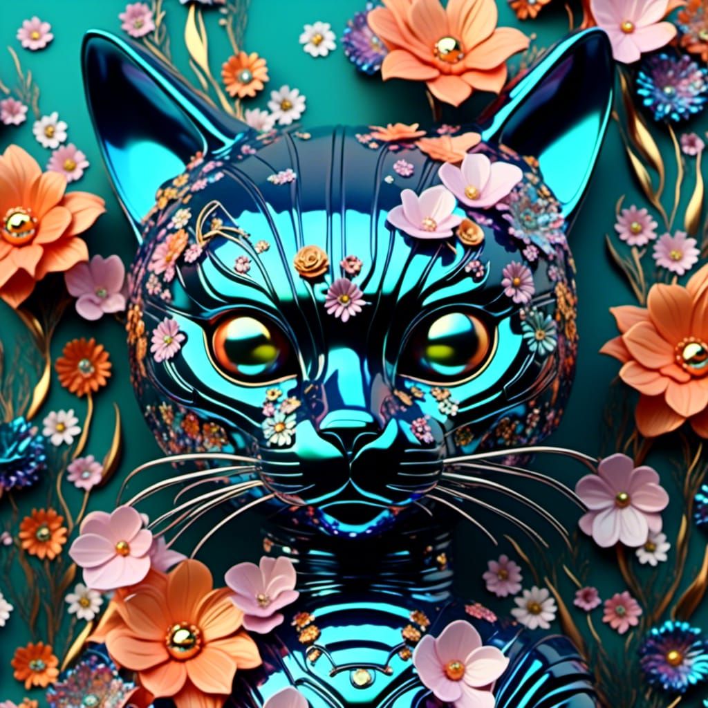 Chrome Cat-Mermaid Robot in Floral Oil Slick