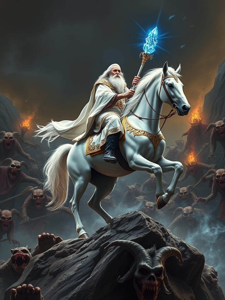 Gandalf on Majestic Horse Amidst Orc Horde