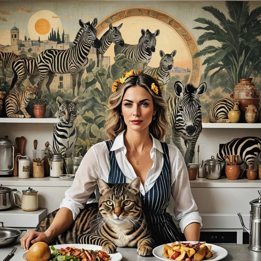 Surreal Kitchen Scene with Cat and Zebra, Hyperrealistic Sty...