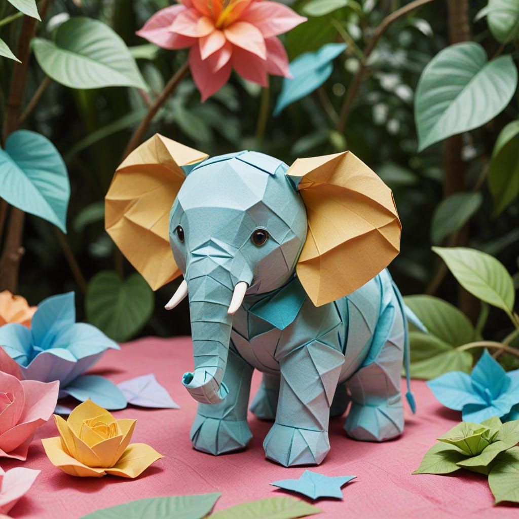 Whimsical Origami Elephant in a Vibrant Jungle Scene