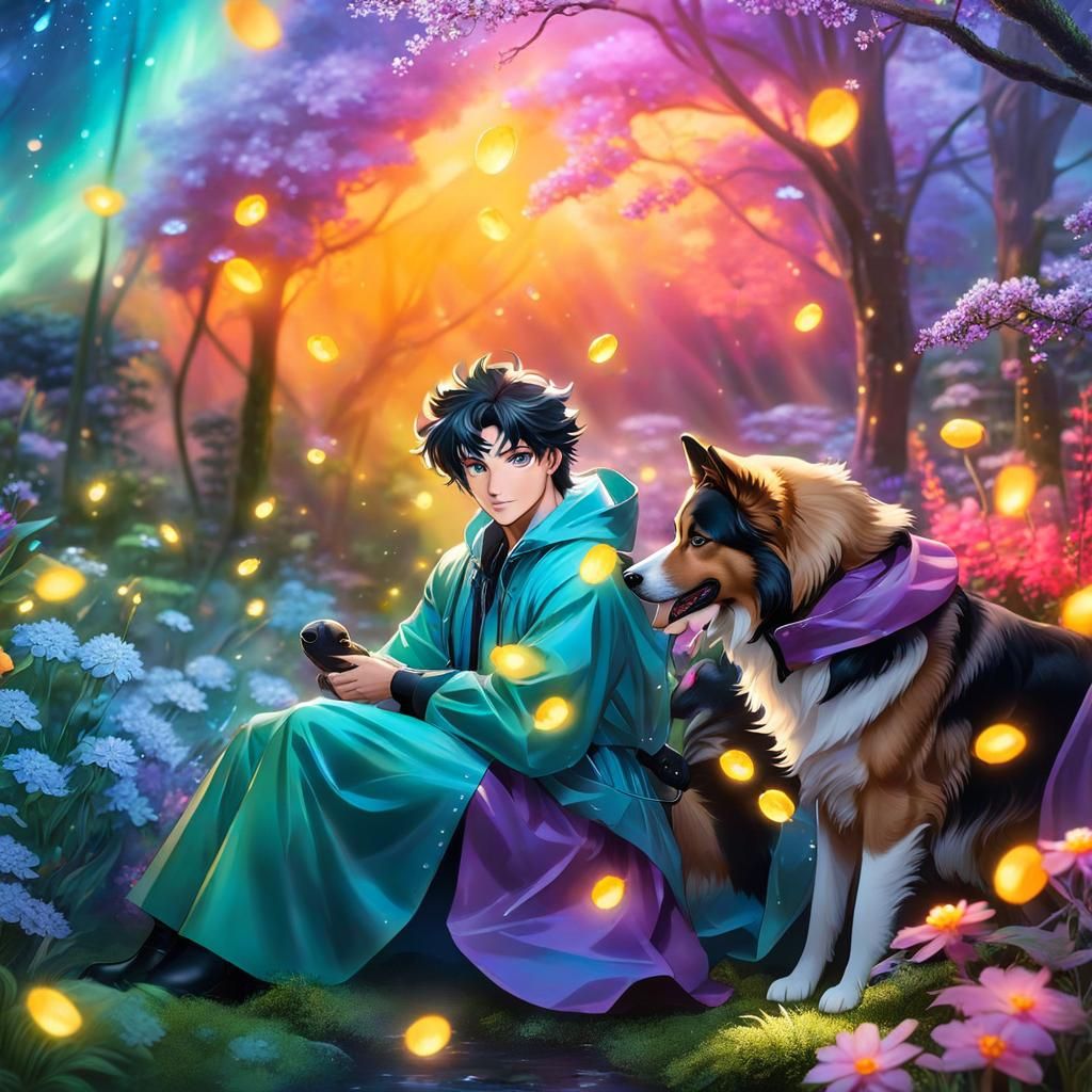 Manga Boy with Dogs in Ethereal Botanical Garden
