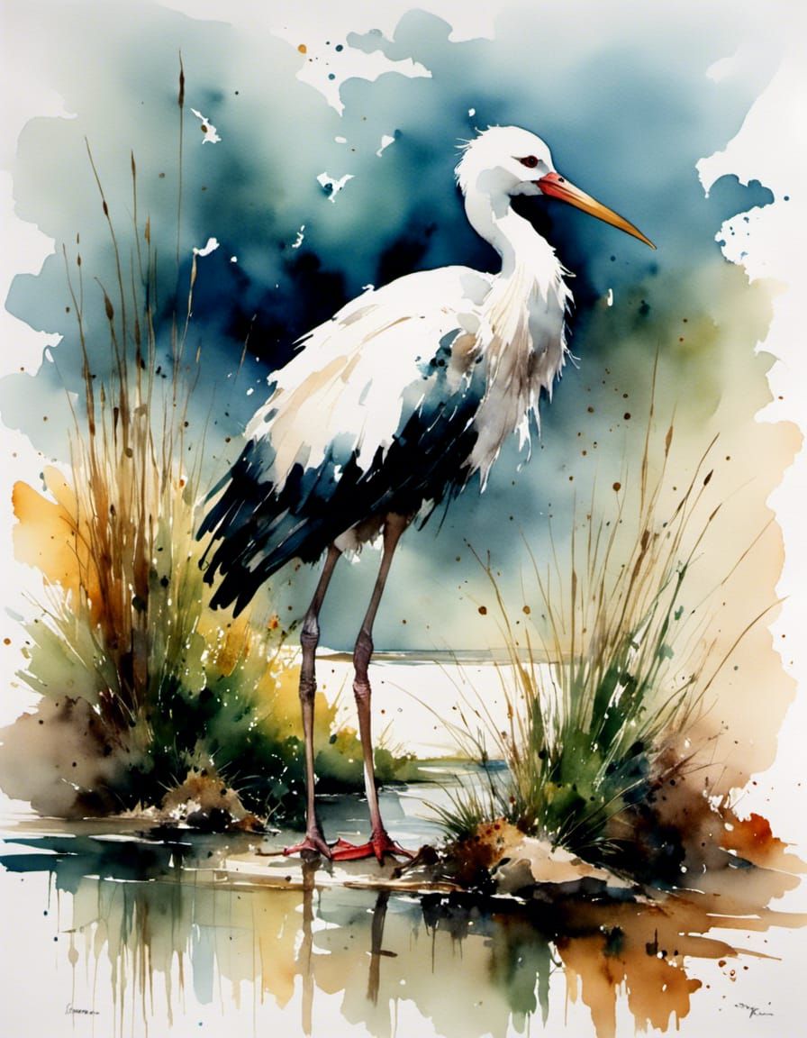 Stork in Marshes: Lush Watercolor Illustration