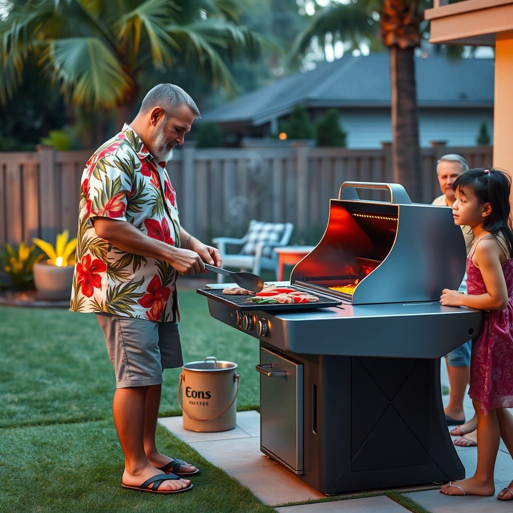 Dad Grilling Gourmet Meal on Futuristic Barbecue