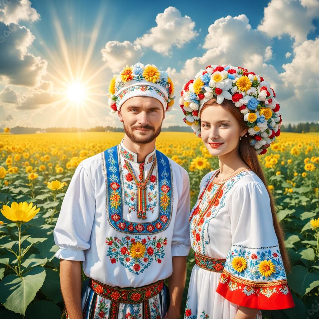 Ukrainian Couple in Modern Vyshyvankas with Floral Patterns