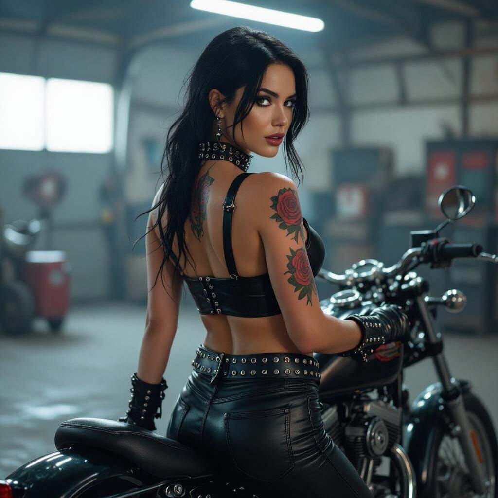 Woman in Leather Outfit in Gritty Garage